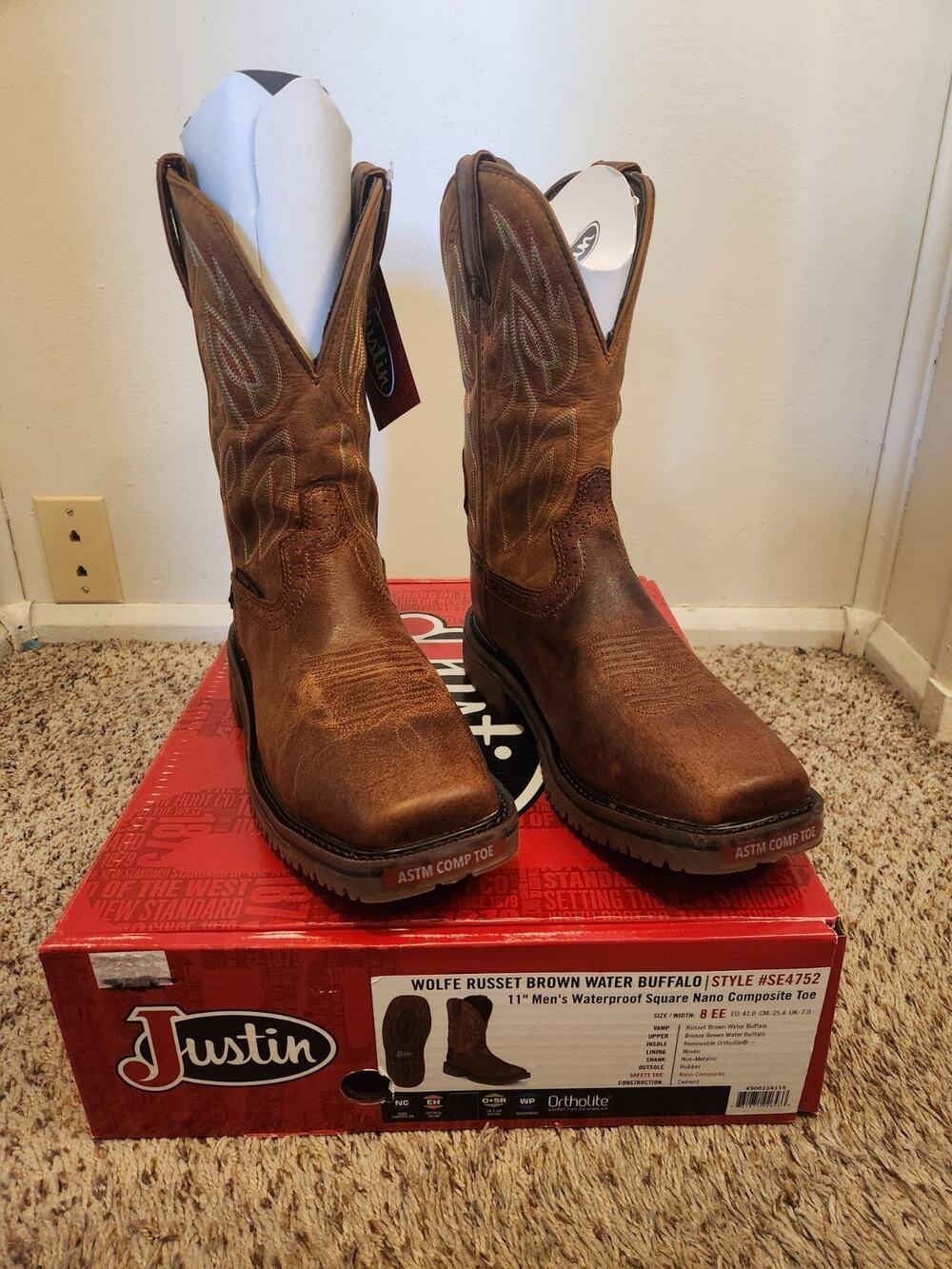 Justin Men's Waterproof 11" Square Nano Composite Toe Wolfe Boot Russet Size 8EE